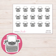 Gray Typewriter Planner Stickers | DDZ-4746 — 4 × 3 inch sheet and enlarged sticker detail