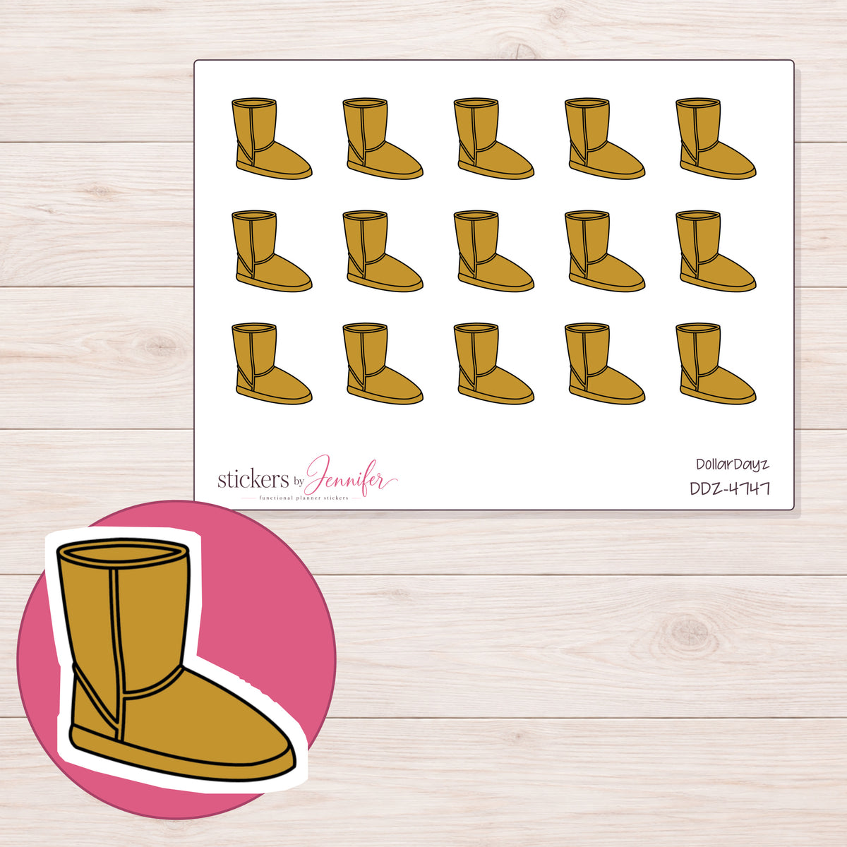 Gold Cozy Boot Planner Stickers | DDZ-4747 — 4 × 3 inch sheet and enlarged sticker detail