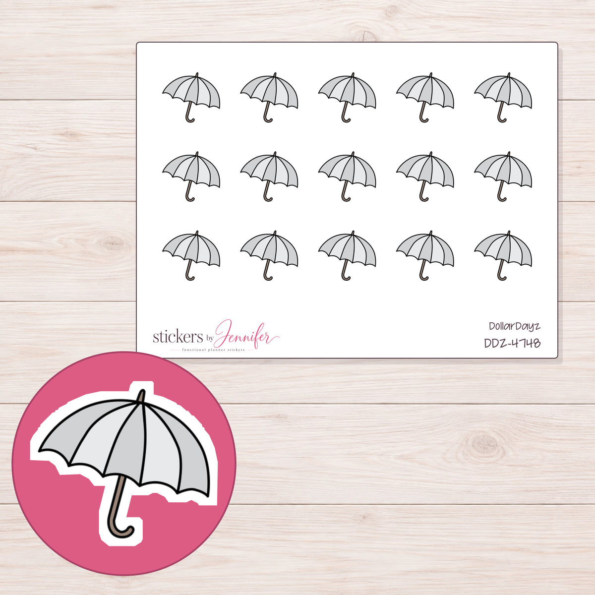 Light Gray Umbrella Planner Stickers | DDZ-4748 — 4 × 3 inch sheet and enlarged sticker detail