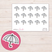 Light Gray Umbrella Planner Stickers | DDZ-4748 — 4 × 3 inch sheet and enlarged sticker detail