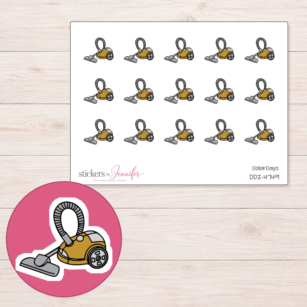 Gold Canister Vacuum Planner Stickers | DDZ-4749 — 4 × 3 inch sheet and enlarged sticker detail