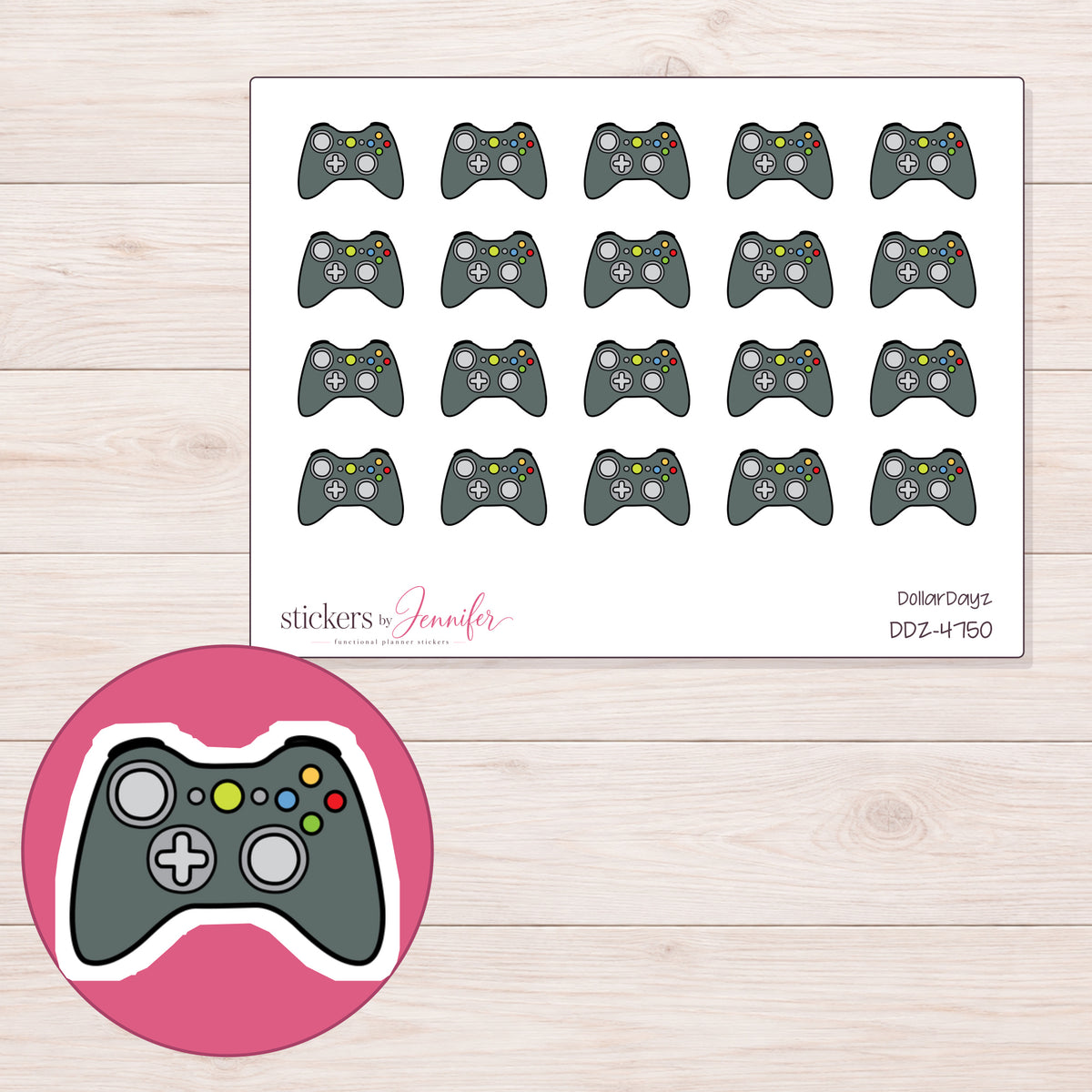 Charcoal Game Controller Planner Stickers | DDZ-4750 — 4 × 3 inch sheet and enlarged sticker detail