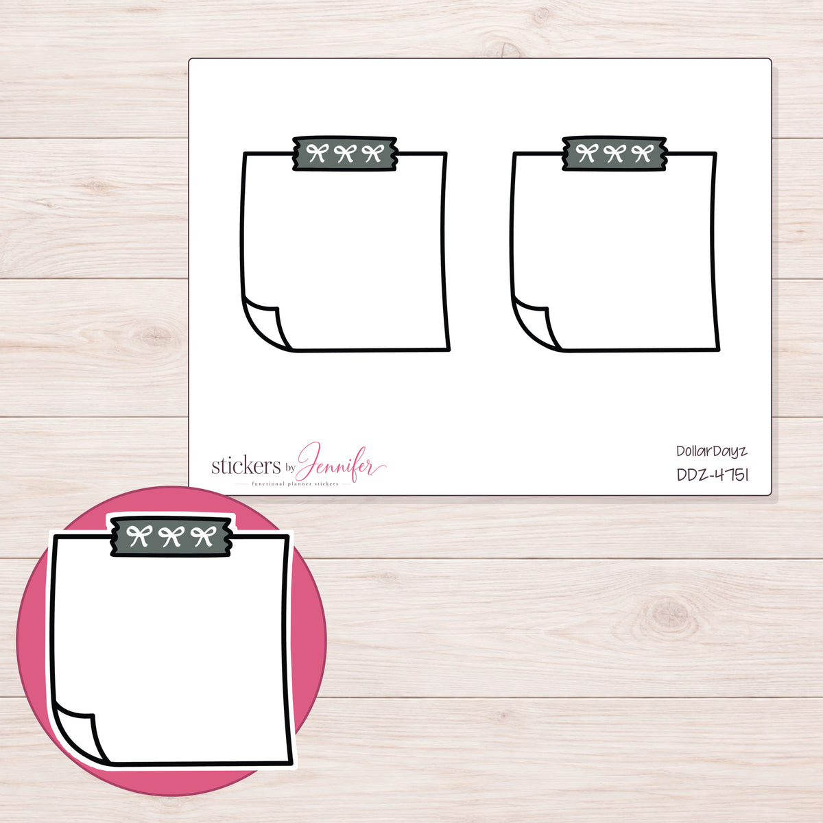 Charcoal Bow-Tape Note Planner Stickers | DDZ-4751 — 4 × 3 inch sheet and enlarged sticker detail