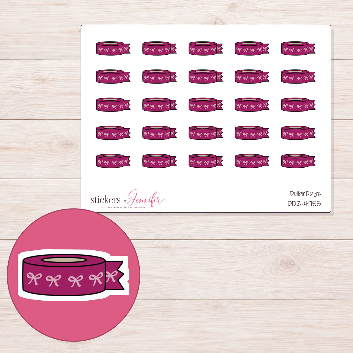 Magenta Bow Washi with Loose End Planner Stickers | DDZ-4755 — 4 × 3 inch sheet and enlarged sticker detail