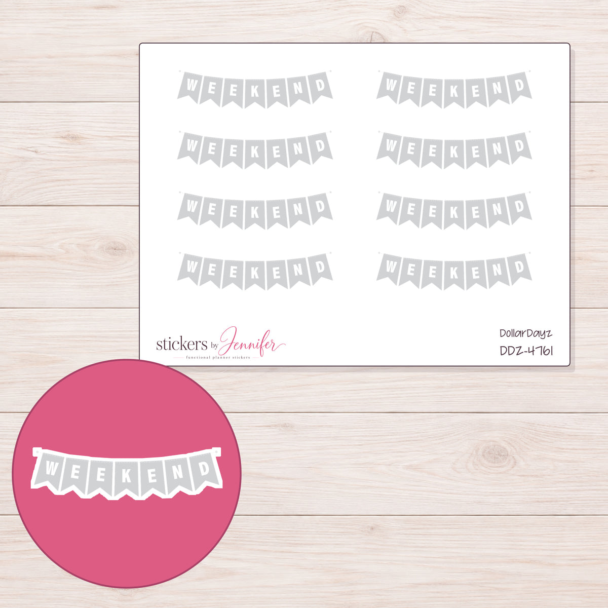 Gray Weekend Pennant Banner Planner Stickers | DDZ-4761 — 4 × 3 inch sheet and enlarged sticker detail