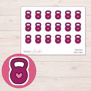 Magenta Heart Kettlebell Planner Stickers | DDZ-4762 — 4 × 3 inch sheet and enlarged sticker detail