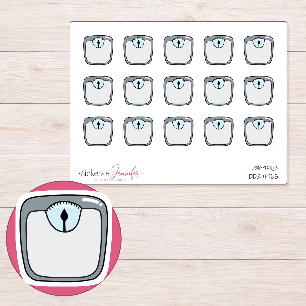 Gray Bathroom Scale Planner Stickers | DDZ-4763 — 4 × 3 inch sheet and enlarged sticker detail