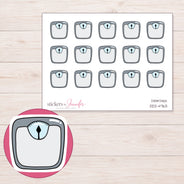Gray Bathroom Scale Planner Stickers | DDZ-4763 — 4 × 3 inch sheet and enlarged sticker detail