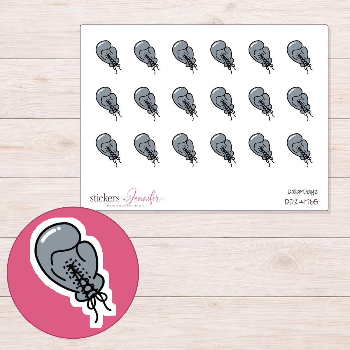 Gray Boxing Glove Planner Stickers | DDZ-4765 — 4 × 3 inch sheet and enlarged sticker detail