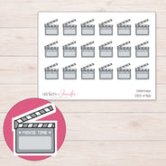 Gray Movie Time Clapperboard Planner Stickers | DDZ-4766 — 4 × 3 inch sheet and enlarged sticker detail