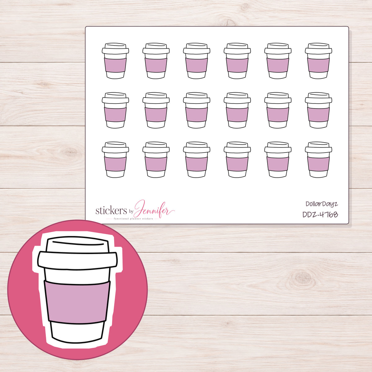 Pink Sleeve Coffee Cup Planner Stickers | DDZ-4768 — 4 × 3 inch sheet and enlarged sticker detail