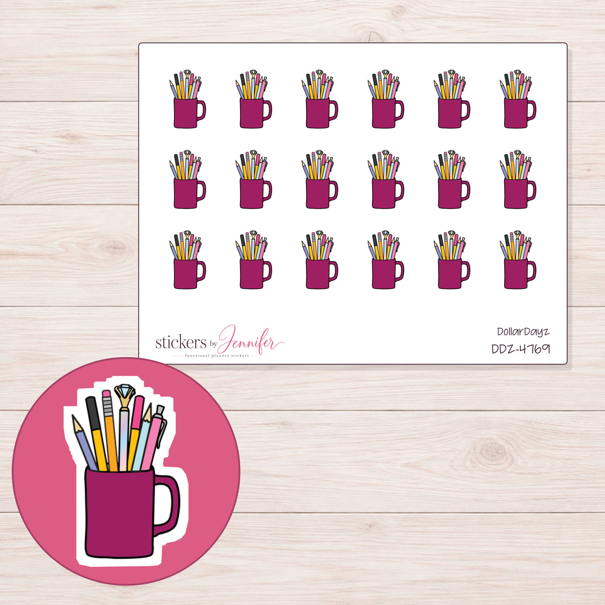 Magenta Mug of Pens and Pencils Planner Stickers | DDZ-4769 — 4 × 3 inch sheet and enlarged sticker detail