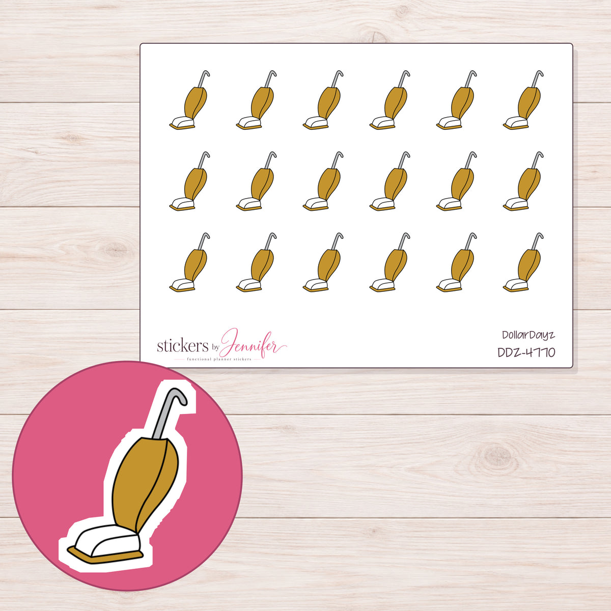 Gold Doodle Upright Vacuum Planner Stickers | DDZ-4770 — 4 × 3 inch sheet and enlarged sticker detail