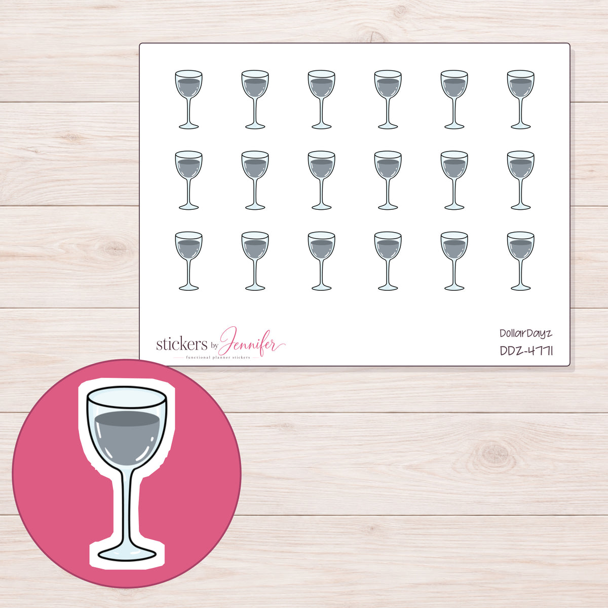 Gray Wine Glass Planner Stickers | DDZ-4771 — 4 × 3 inch sheet and enlarged sticker detail