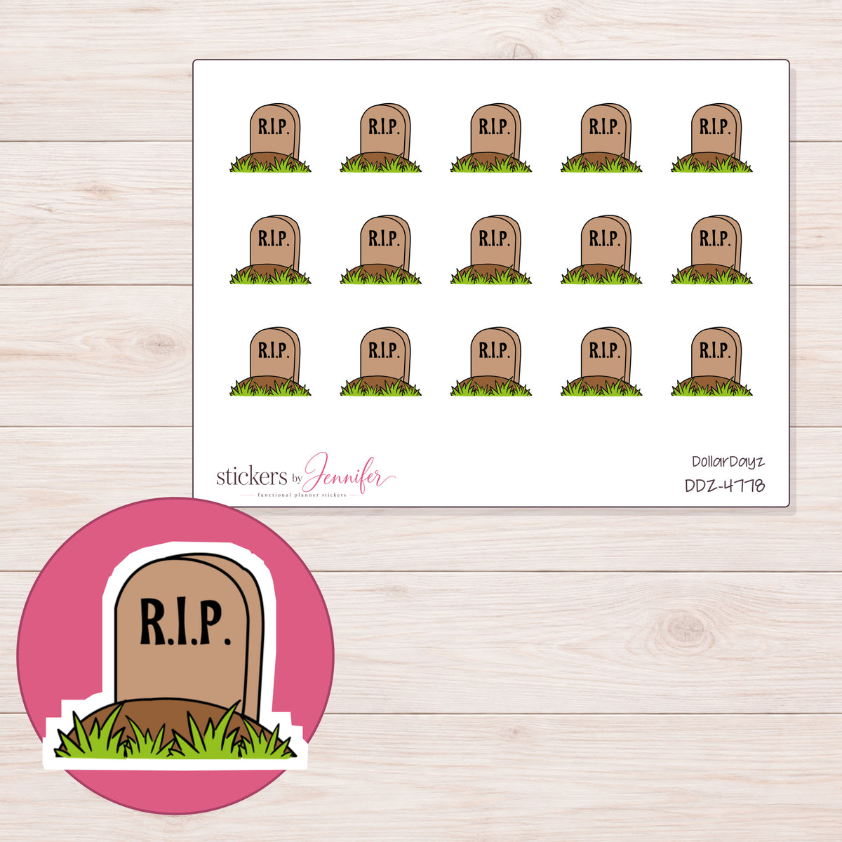 Brown RIP Headstone Planner Stickers | DDZ-4778 — 4 × 3 inch sheet and enlarged sticker detail
