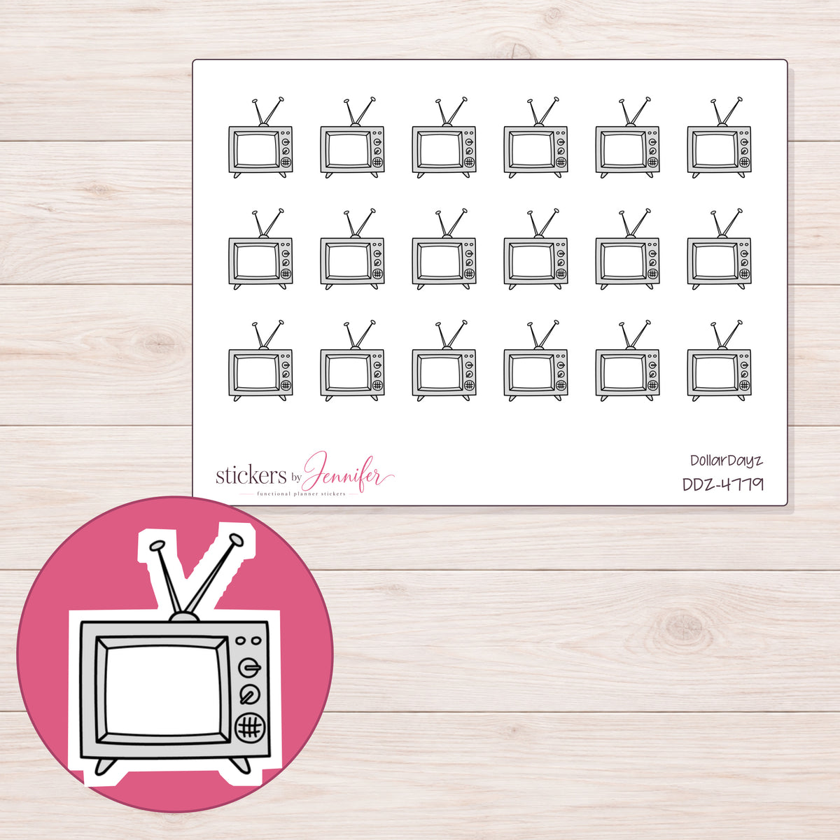 Gray Retro Television with Antenna Planner Stickers | DDZ-4779 — 4 × 3 inch sheet and enlarged sticker detail