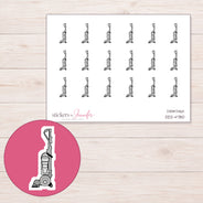 Gray Upright Vacuum Planner Stickers | DDZ-4780 — 4 × 3 inch sheet and enlarged sticker detail