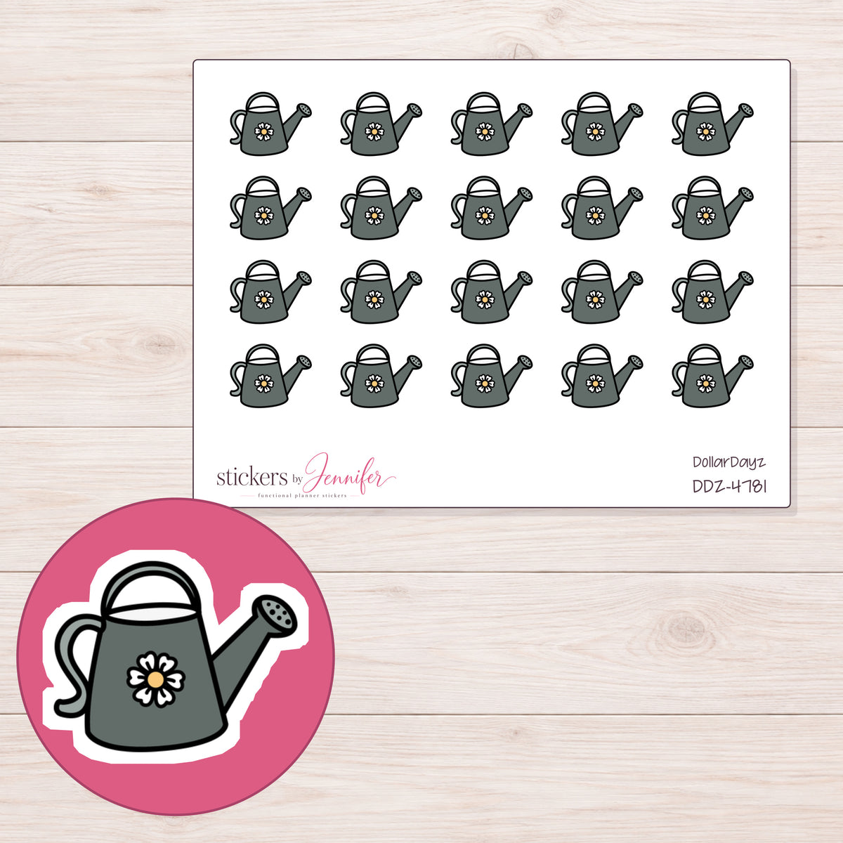 Charcoal Flower Watering Can Planner Stickers | DDZ-4781 — 4 × 3 inch sheet and enlarged sticker detail