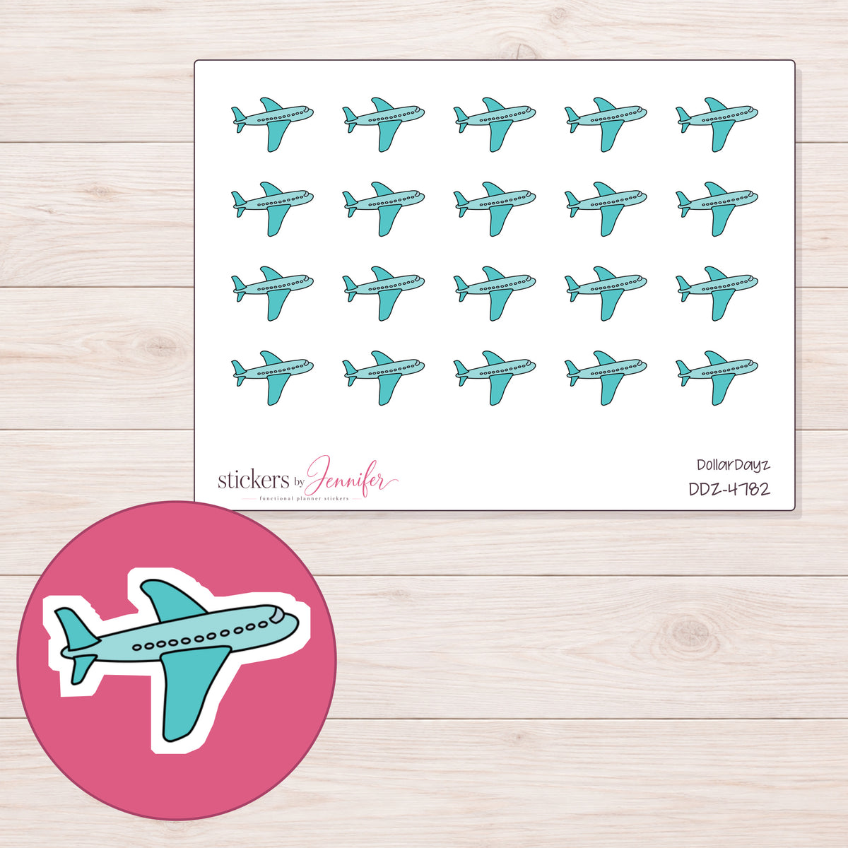 Teal Airplane Planner Stickers | DDZ-4782 — 4 × 3 inch sheet and enlarged sticker detail