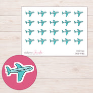 Teal Airplane Planner Stickers | DDZ-4782 — 4 × 3 inch sheet and enlarged sticker detail