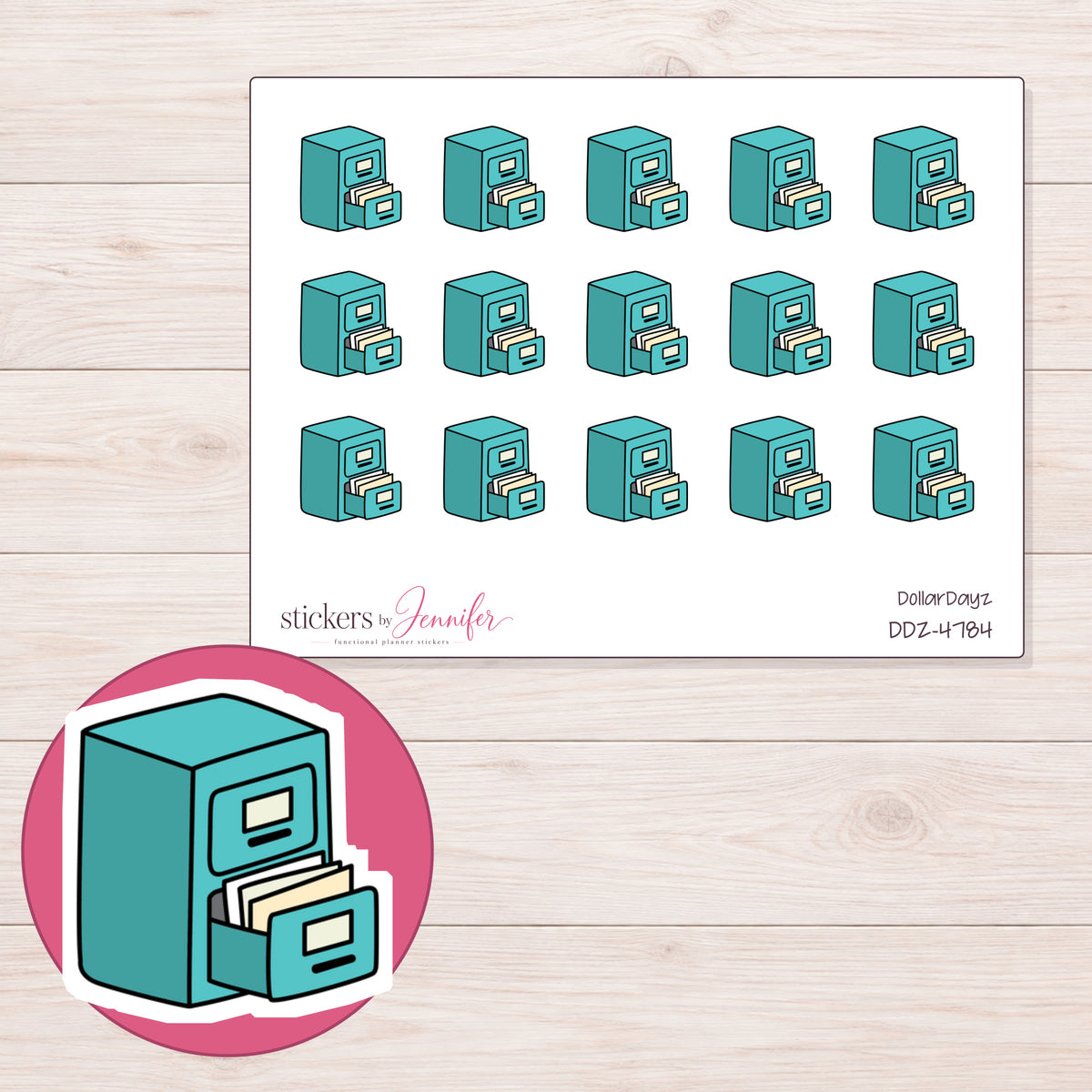 Teal Filing Cabinet Planner Stickers | DDZ-4784 — 4 × 3 inch sheet and enlarged sticker detail
