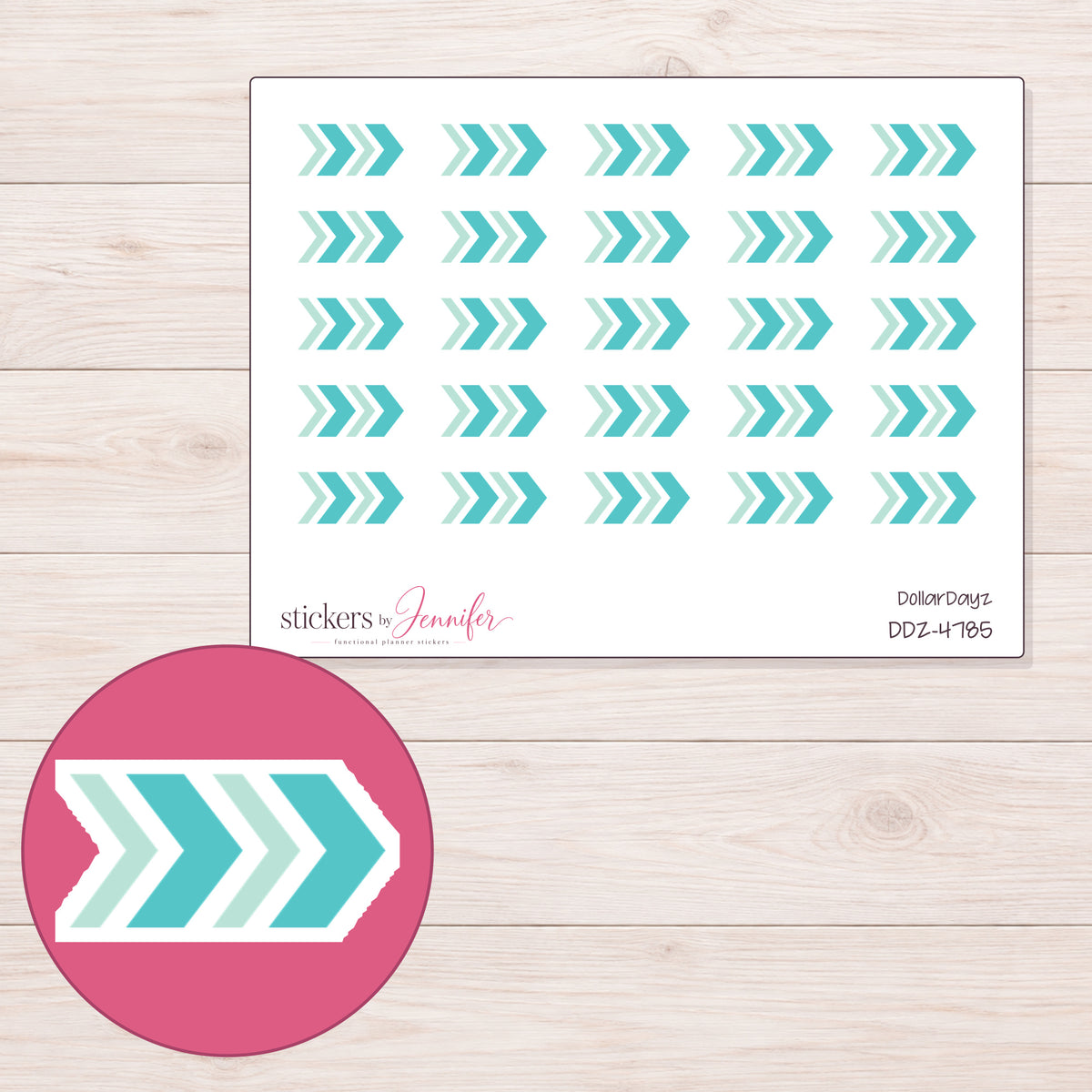 Teal Chevron Arrow Planner Stickers | DDZ-4785 — 4 × 3 inch sheet and enlarged sticker detail
