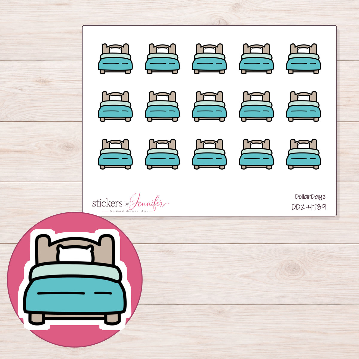 Teal Blanket Bed Planner Stickers | DDZ-4789 — 4 × 3 inch sheet and enlarged sticker detail