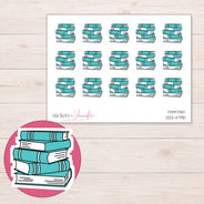 Teal Book Stack Planner Stickers | DDZ-4790 — 4 × 3 inch sheet and enlarged sticker detail