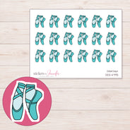 Teal Ballet Shoes Planner Stickers | DDZ-4793 — 4 × 3 inch sheet and enlarged sticker detail