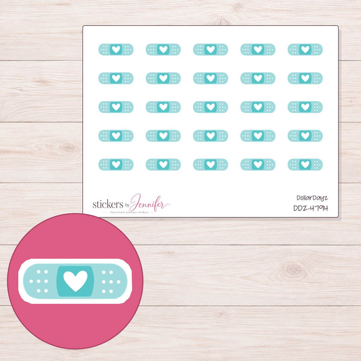 Teal Heart Bandage Planner Stickers | DDZ-4794 — 4 × 3 inch sheet and enlarged sticker detail
