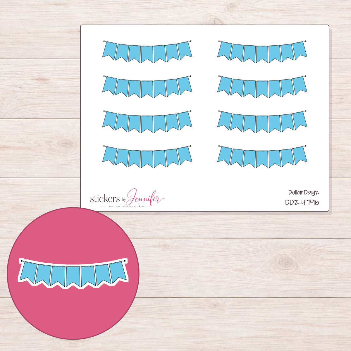 Sky Blue Pennant Bunting Planner Stickers | DDZ-4796 — 4 × 3 inch sheet and enlarged sticker detail