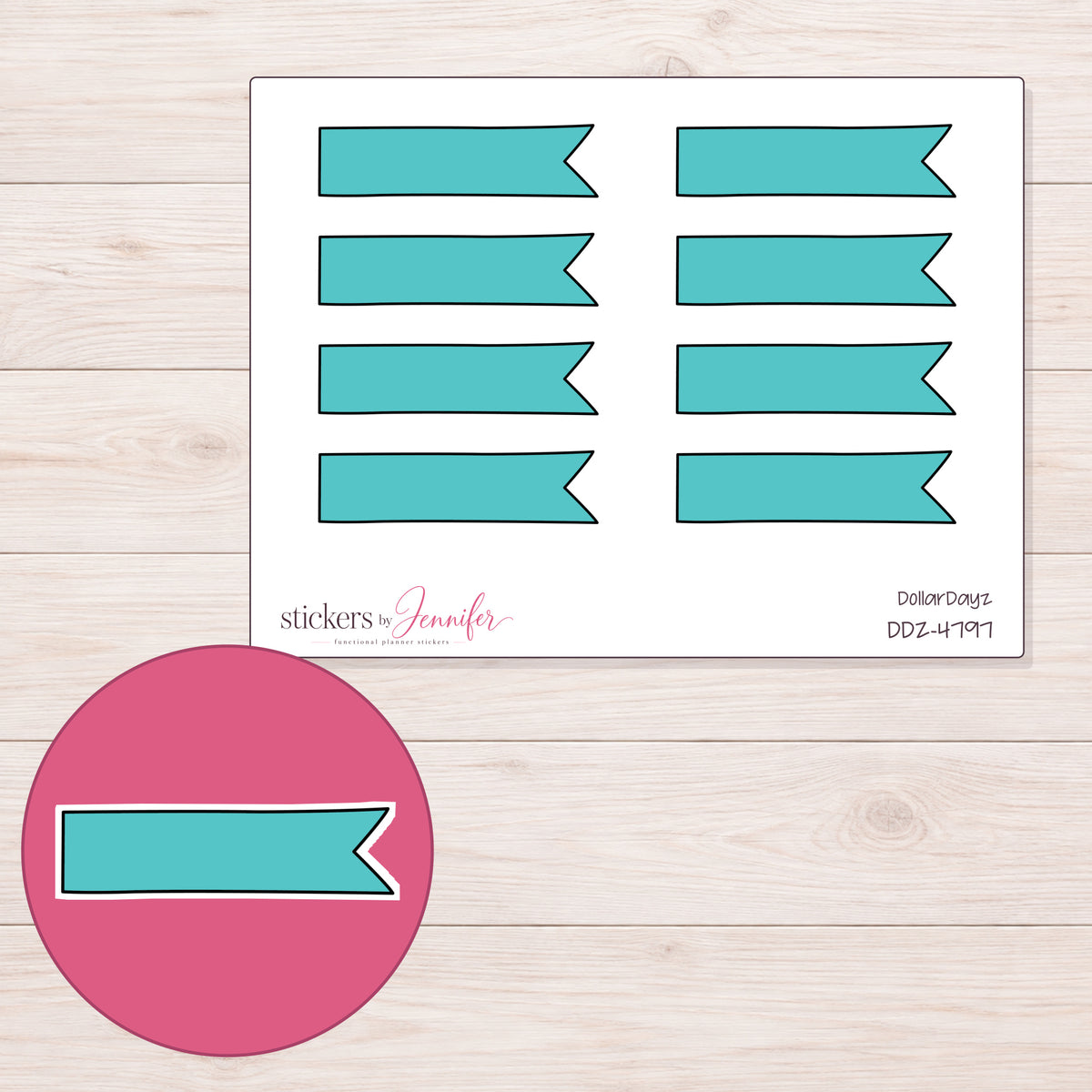 Teal Single-Notch Banner Label Planner Stickers | DDZ-4797 — 4 × 3 inch sheet and enlarged sticker detail