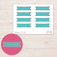 Teal Double-Notch Banner Label Planner Stickers | DDZ-4798 — 4 × 3 inch sheet and enlarged sticker detail