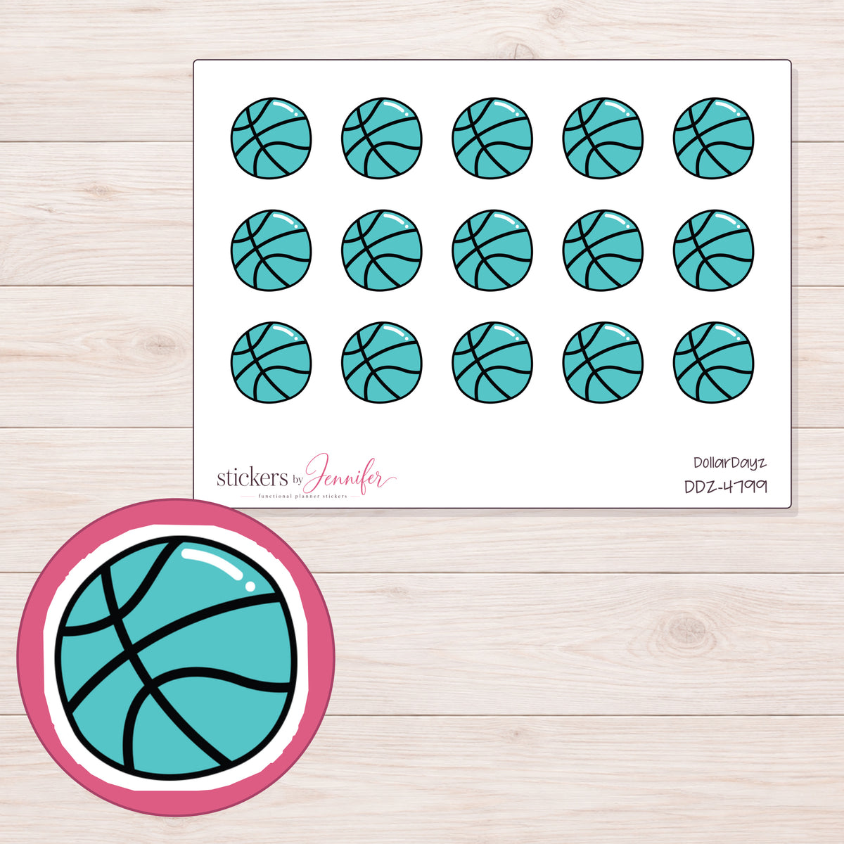 Teal Basketball Planner Stickers | DDZ-4799 — 4 × 3 inch sheet and enlarged sticker detail
