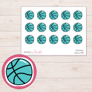 Teal Basketball Planner Stickers | DDZ-4799 — 4 × 3 inch sheet and enlarged sticker detail