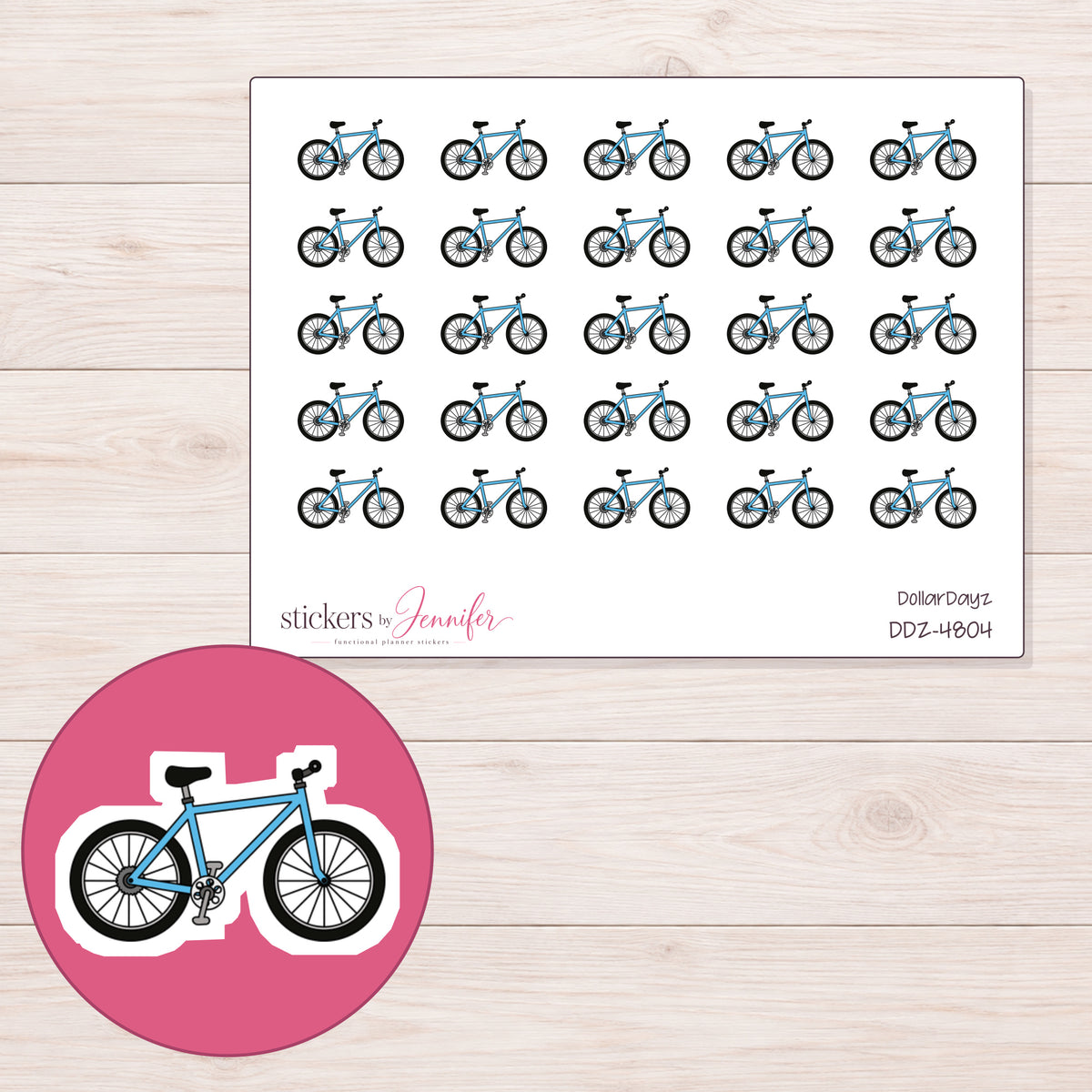 Blue Bicycle Planner Stickers | DDZ-4804 — 4 × 3 inch sheet and enlarged sticker detail