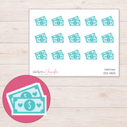 Teal Money Bills Planner Stickers | DDZ-4805 — 4 × 3 inch sheet and enlarged sticker detail