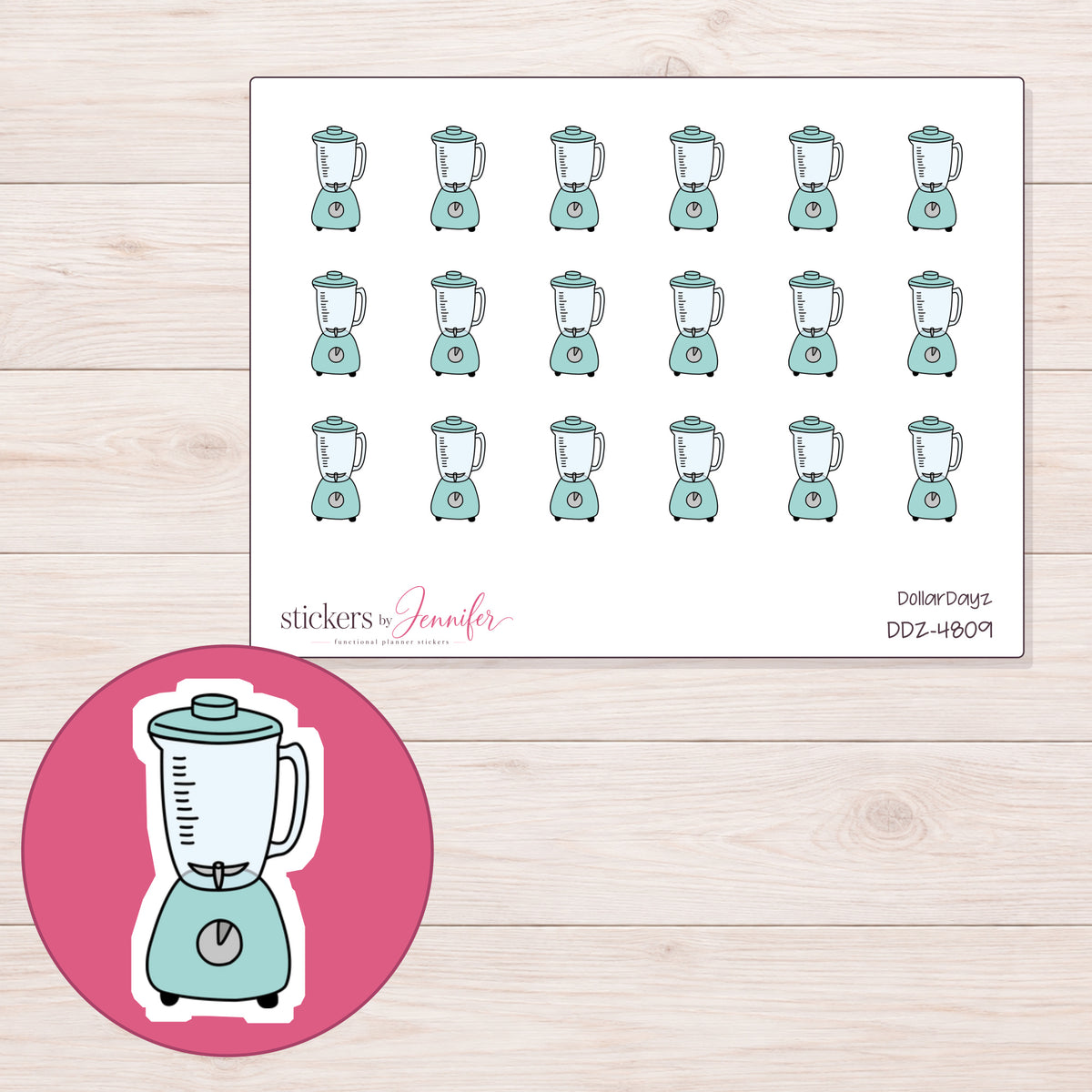 Pale Teal Blender Planner Stickers | DDZ-4809 — 4 × 3 inch sheet and enlarged sticker detail