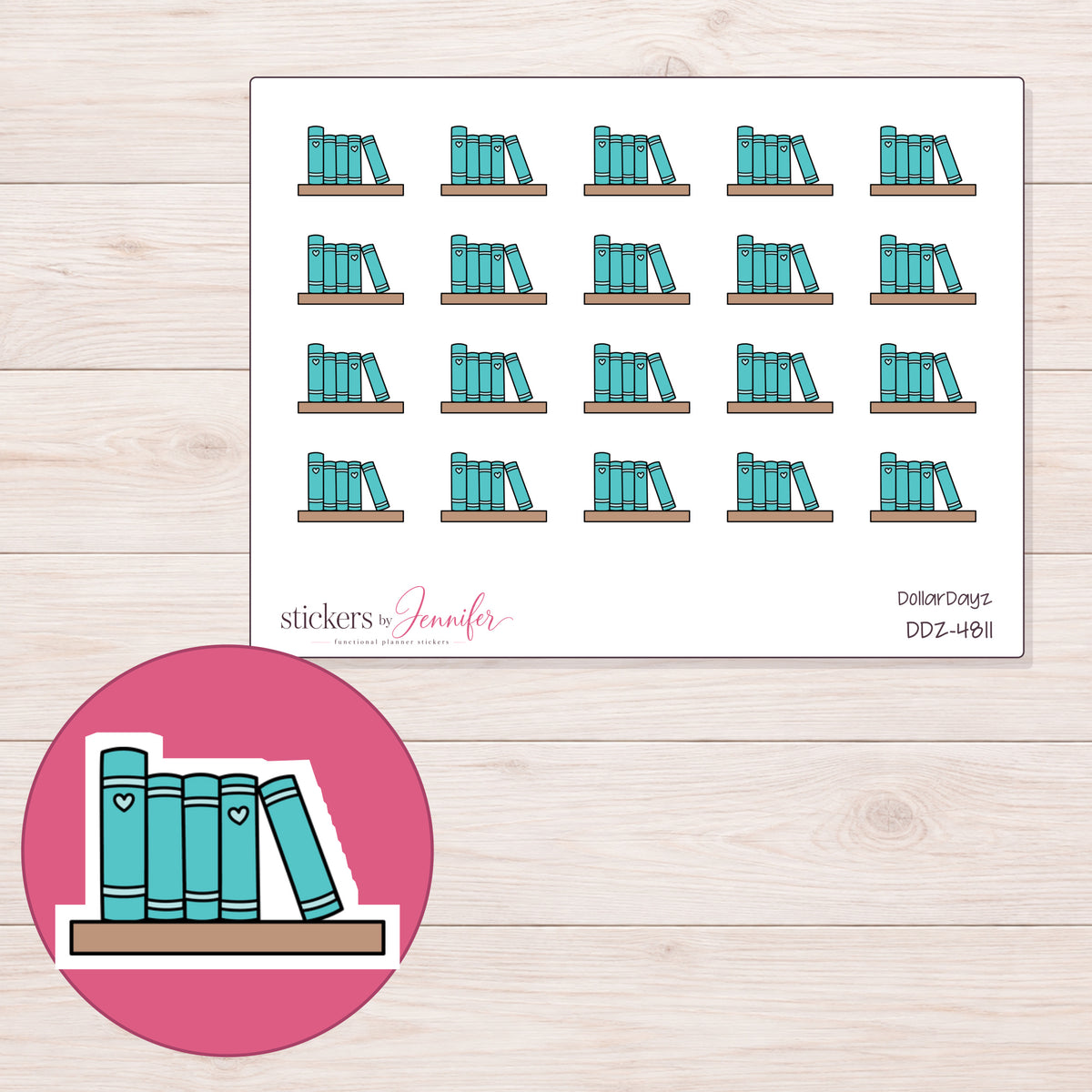 Teal Books on Shelf Planner Stickers | DDZ-4811 — 4 × 3 inch sheet and enlarged sticker detail