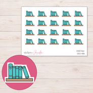 Teal Books on Shelf Planner Stickers | DDZ-4811 — 4 × 3 inch sheet and enlarged sticker detail