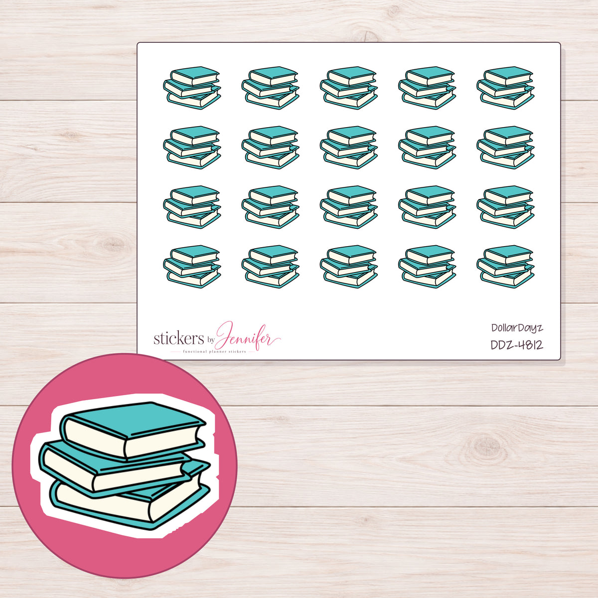 Teal Closed Book Stack Planner Stickers | DDZ-4812 — 4 × 3 inch sheet and enlarged sticker detail