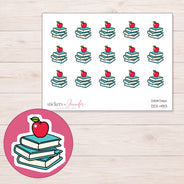 Teal Books with Red Apple Planner Stickers | DDZ-4813 — 4 × 3 inch sheet and enlarged sticker detail
