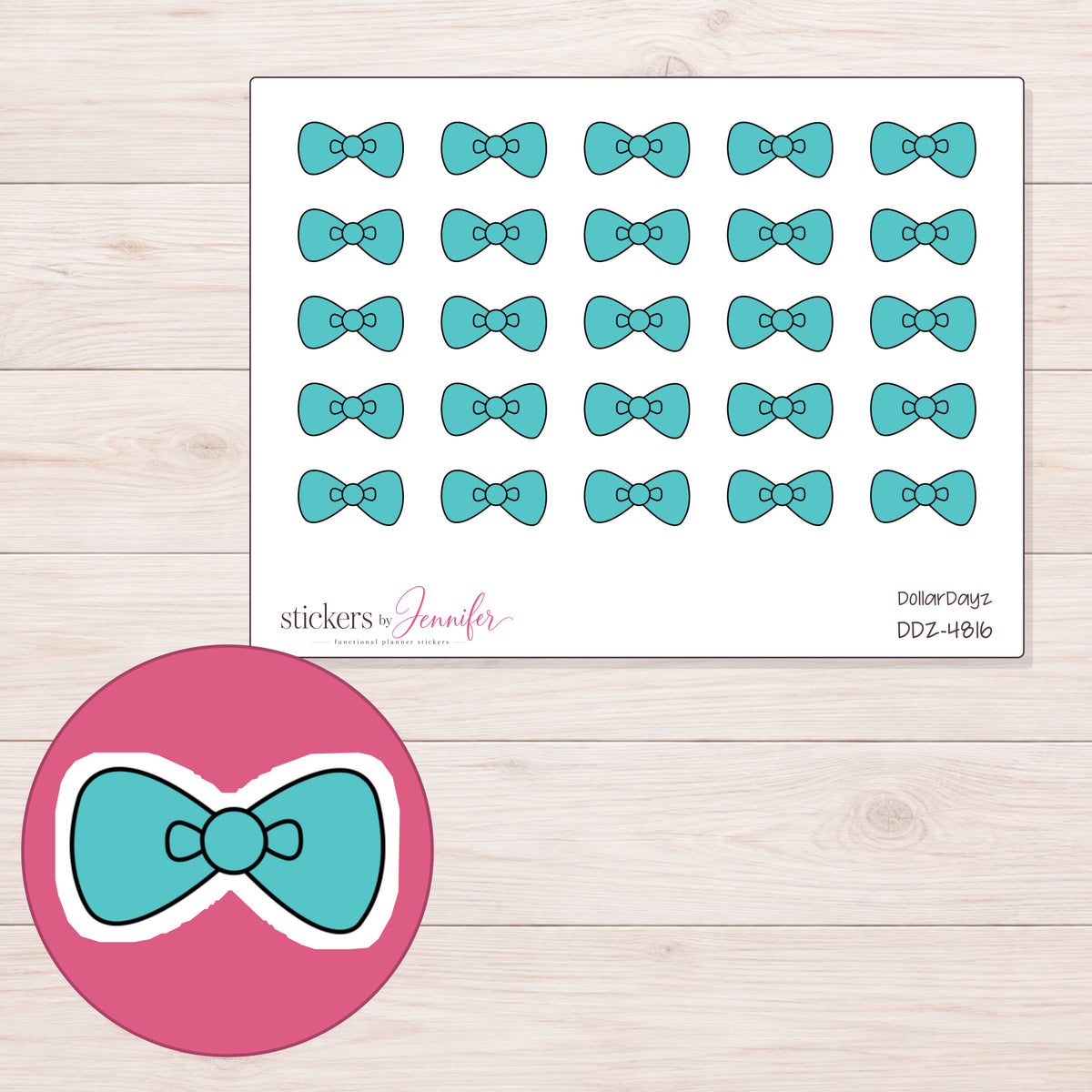 Teal Bow Tie Planner Stickers | DDZ-4816 — 4 × 3 inch sheet and enlarged sticker detail