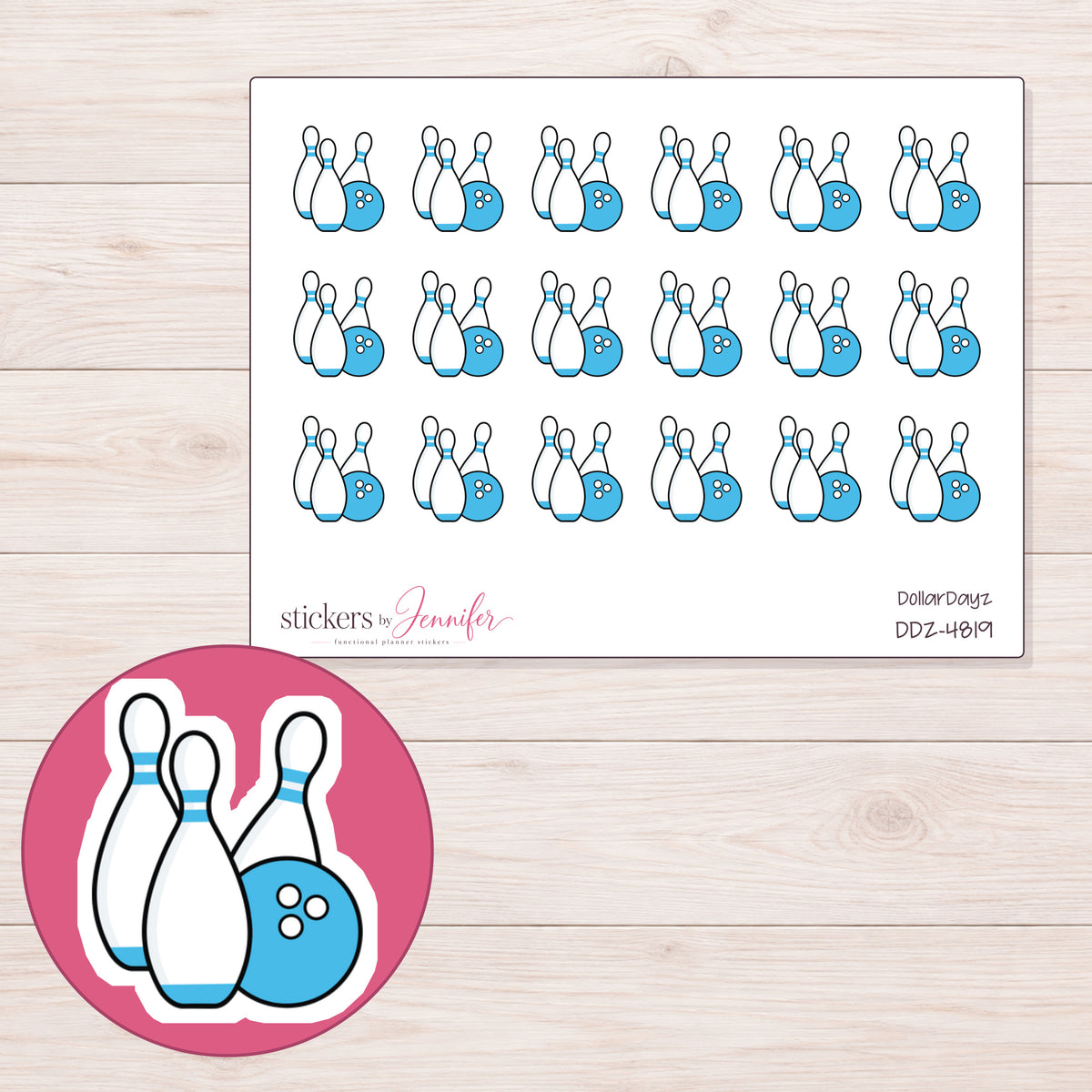 Blue Bowling Ball and Pins Planner Stickers | DDZ-4819 — 4 × 3 inch sheet and enlarged sticker detail