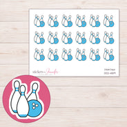 Blue Bowling Ball and Pins Planner Stickers | DDZ-4819 — 4 × 3 inch sheet and enlarged sticker detail