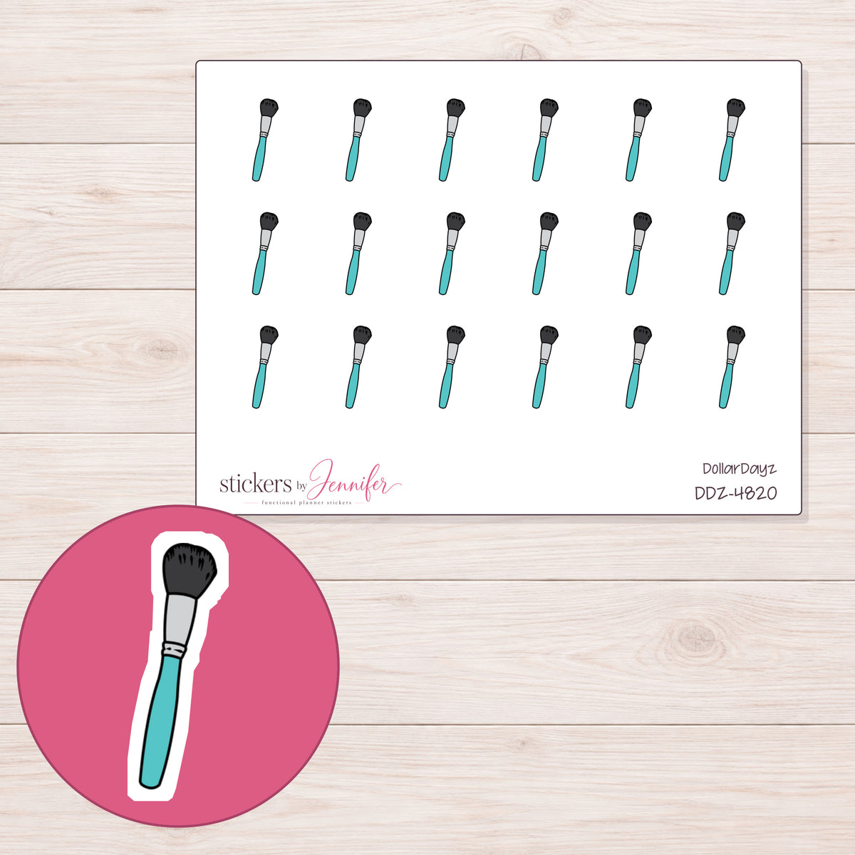 Teal Makeup Brush Planner Stickers | DDZ-4820 — 4 × 3 inch sheet and enlarged sticker detail