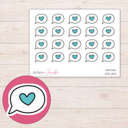 Teal Heart Speech Bubble Planner Stickers | DDZ-4821 — 4 × 3 inch sheet and enlarged sticker detail