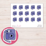 Purple Instant Camera Planner Stickers | DDZ-4823 — 4 × 3 inch sheet and enlarged sticker detail