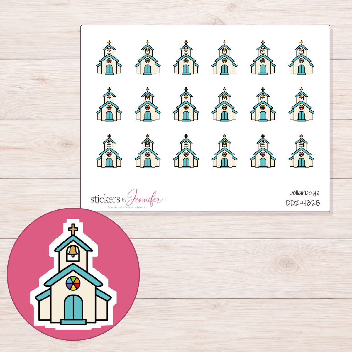 Teal Roof Church Planner Stickers | DDZ-4825 — 4 × 3 inch sheet and enlarged sticker detail