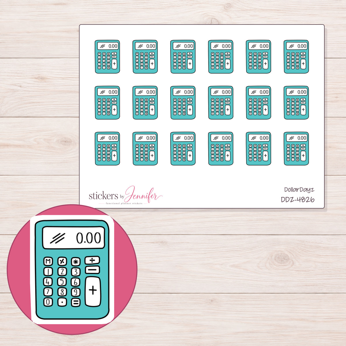 Teal Calculator Planner Stickers | DDZ-4826 — 4 × 3 inch sheet and enlarged sticker detail